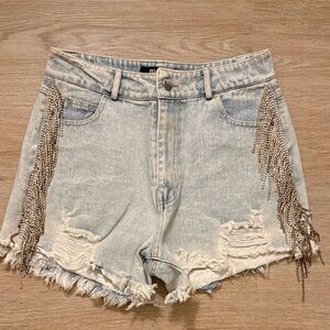 Light Wash Fringe Jean Shorts